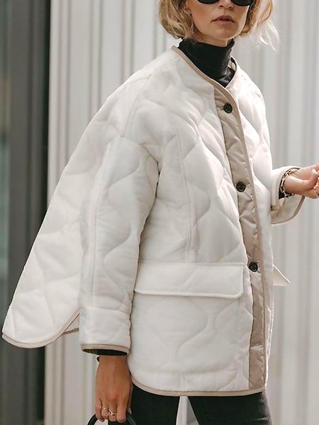 

Crew Neck Simple Color Block Fleece Coat, White, Others