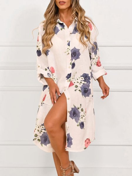 

Floral Casual Cotton-Blend Buttoned Dress, Multicolor, Dresses