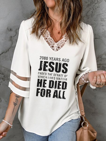 

Cotton-Blend Casual Loose V Neck Top, White, Tops