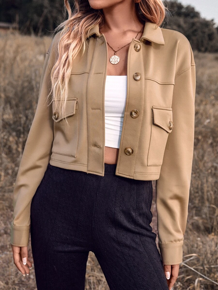 

Shirt Collar Plain Casual Loose Jacket, Khaki, Jackets