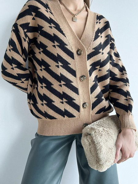 

Geometric V Neck Long sleeve Loose Urban Sweater Coat, Khaki, Cardigans