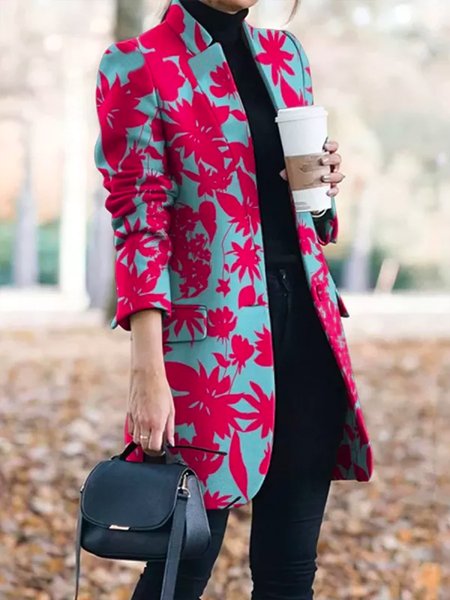 

Elegant Lapel Collar Regular Fit Floral Print Blazer, Rose red, Blazers
