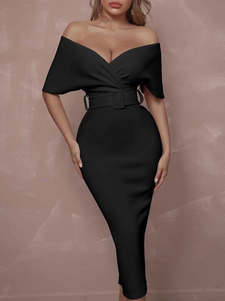 

Plain Elegant V Neck No Elasticity Hip Skirt Natural Tight Dress, Black, Midi Dresses
