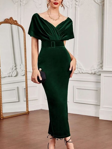 

Plain V Neck Elegant No Elasticity Polyester Party Dress, Deep green, Midi Dresses