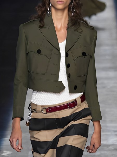 Regular Fit Lapel Collar Buttoned Urban Plain Jacket, Army green, Jackets