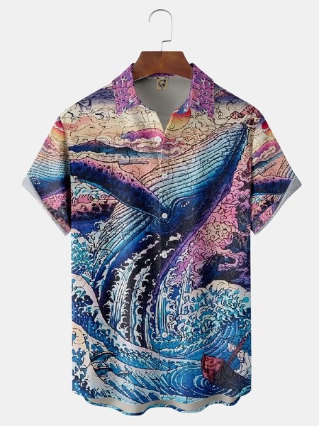 

Ukiyo-e Whole Chest Pocket Short Sleeve Hawaiian Shirt, Blue, Men Shirts