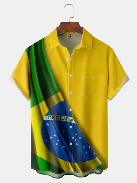 

Brazil Football Soccer Team Chest Pocket Short Sleeve Shirt, Yellow, Men Shirts