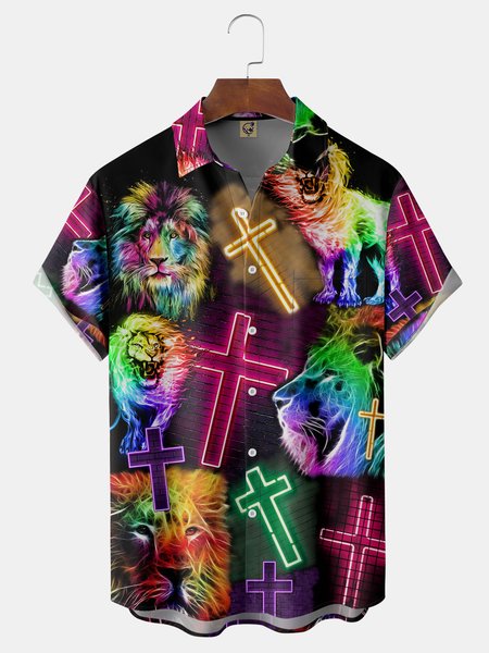 

Cross Lion Chest Pocket Short Sleeve Shirt, Green, Men Shirts
