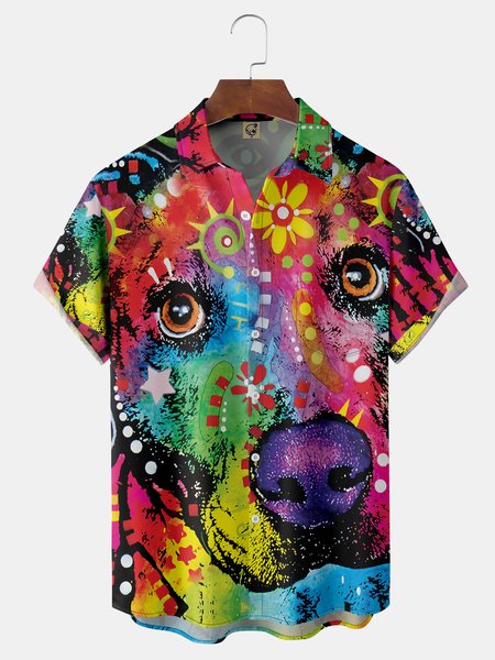 

Dog Illustration Chest Pocket Short Sleeve Casual Shirt, Red, Short Sleeve Shirts