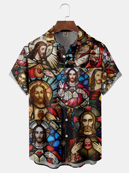 

Easter Church Glass Chest Pocket Short Sleeve Shirt, Red, Men Shirts