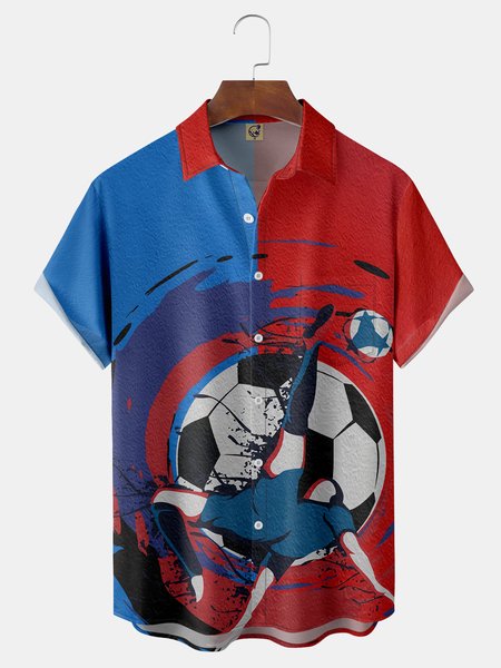 

Football Soccer Team Chest Pocket Short Sleeve Shirt, Blue, Men Shirts