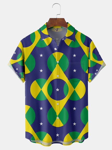 

Brazil Flag Football Soccer Chest Pocket Short Sleeve Shirt, Blue, Men Shirts