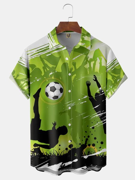 

Football Soccer Team Chest Pocket Short Sleeve Shirt, Green, Men Shirts