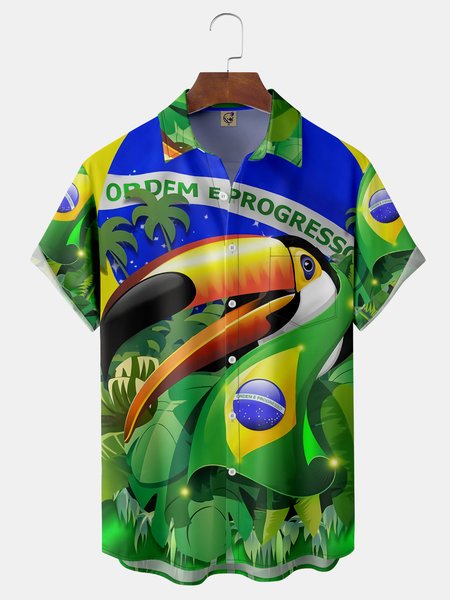 

Brazil Soccer Toco Toucan Chest Pocket Short Sleeve Shirt, Green, Men Shirts