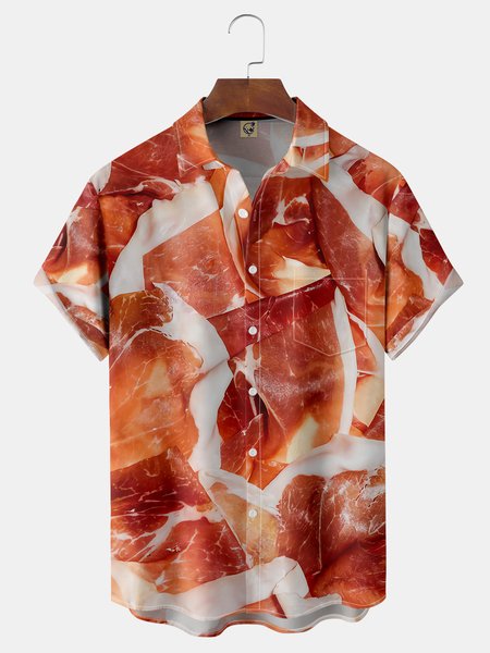 

Bacon Texture Chest Pocket Short Sleeve Casual Shirt, Red, Short Sleeve Shirts