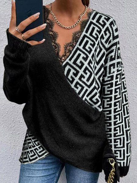

Casual Loose Cross Lace V Neck Top, Black, Tops