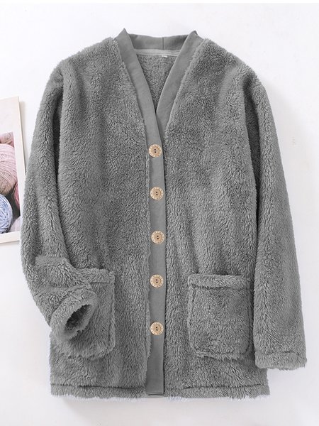 

Fluff/Granular Fleece Fabric V Neck Loose Casual Teddy Jacket, Gray, Outerwear