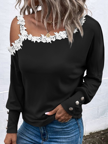 Party Lace Plain Lace Top, Black, Tops