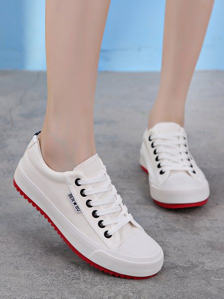

Womens's Plain Color Lace-Up Casual Canvas Sneakers, White, Sneakers