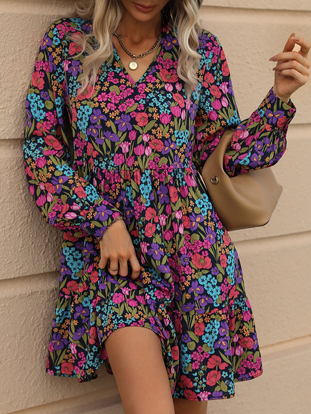 

V Neck Casual Floral Loose Dress, Multicolor, Dresses