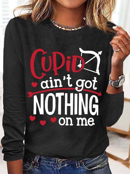 

Women's Funny Word Cupid Ain't Got Nothing On Me Simple Cotton-Blend Heart Top, Black, Long sleeves