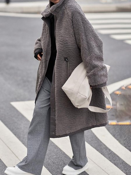 

Stand Collar Loose Casual Plain Teddy Jacket, Gray, Others