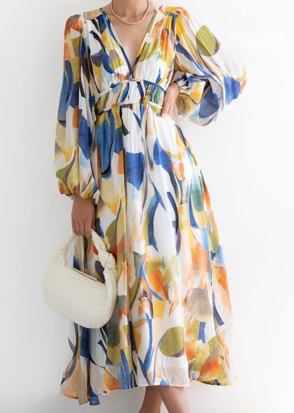 

Boho Striped Regular Fit V Neck Dress, Multicolor, Dresses