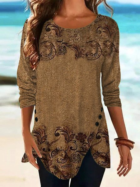 

Crew Neck Casual Ethnic T-Shirt, Khaki, T-Shirts