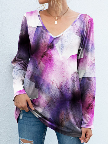 

Cotton-Blend V Neck Casual Loose T-Shirt, Purple, T-Shirts