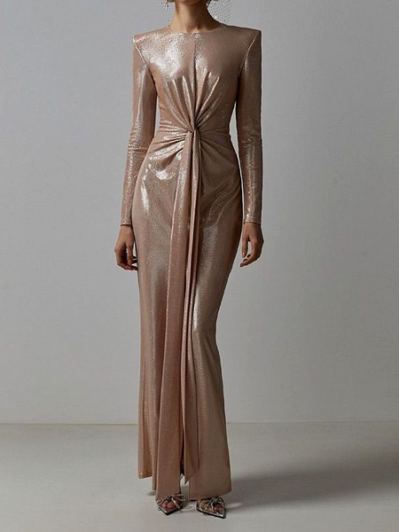 

Crew Neck Long sleeve Plain Regular Fit Elegant Long Party Dress, As picture, Maxi Dresses