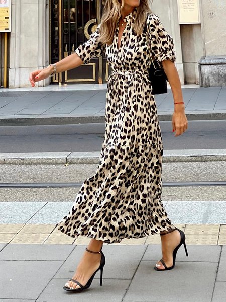 

Long sleeve Leopard Elegant Regular Fit Dress, Maxi Dresses