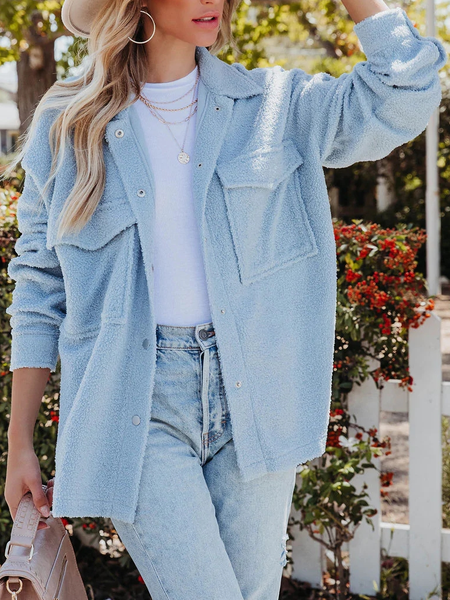 

Shirt Collar Casual Lambswool Overcoat, Sky blue, Outerwear
