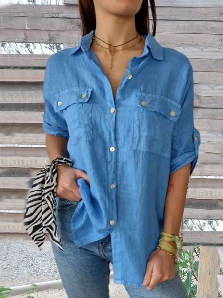 

Buttoned Casual Shirt Collar Loose Blouse, Blue, Shirts & Blouses
