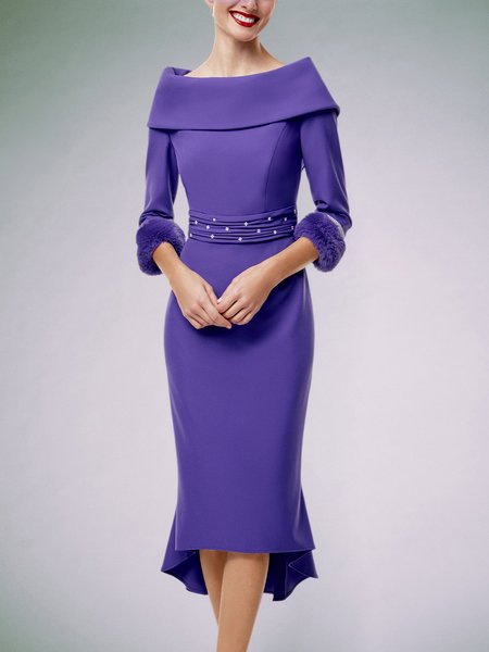 

Three Quarter Sleeve Elegant Regular Fit Plain Party Dress, Purple, Midi Dresses