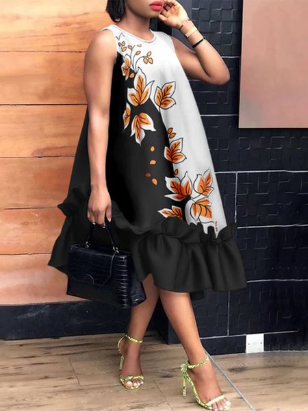 

Floral Vacation Crew Neck Loose Sleeveless Midi Dress, Multicolor, Midi Dresses