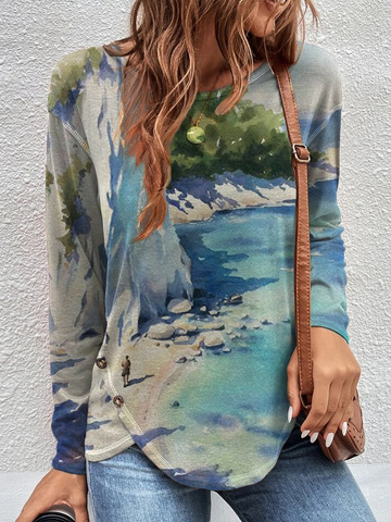 

Crew Neck Loose Casual Landscape Print T-Shirt, Multicolor, T-Shirts