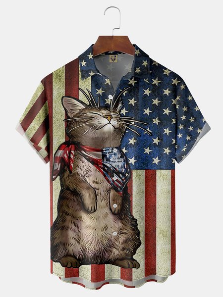 America Flag Cat Chest Pocket Short Sleeve Shirt, Red, Short Sleeve Shirts