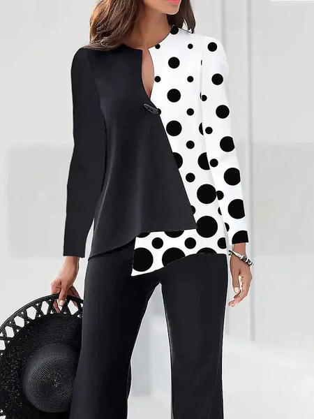 

Regular Fit Polka Dots Crew Neck Long sleeve Urban Blouse, Black-white, Blouses and Shirts