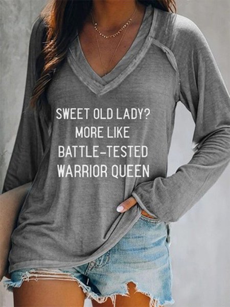 

Plus Size Letter Long Sleeve V-neck Casual T-shirt, Gray, Long sleeves