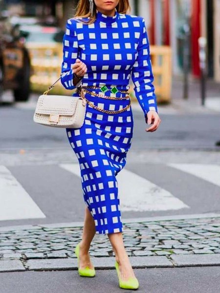 

Elegant Regular Fit Stand Collar Plaid Dress, Blue, Maxi Dresses