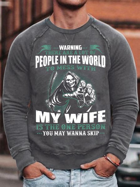 

Men's I Warn You My Wife Is Not Yours To Mess With Funny Graphic Printing Casual Cotton-Blend Skull Crew Neck Sweatshirt, Gray, Hoodies&Sweatshirts