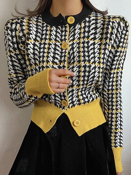 

Urban Crew Neck Houndstooth Long Sleeve Sweater Coat, Yellow, Cardigans