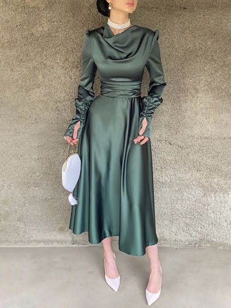 

Long sleeve Elegant Plain Regular Fit Party Dress, Green, Midi Dresses