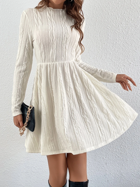 

Urban Solid Mock Neck A-line Dress Without Belt, White, Dresses