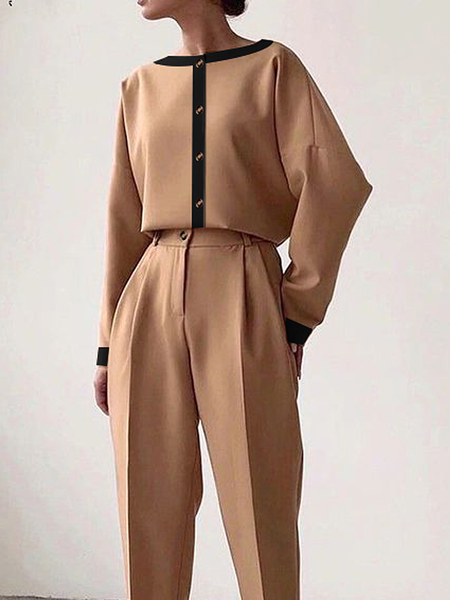 

Loose Crew Neck Color Block Long sleeve Urban Blouse, Khaki, Blouses and Shirts