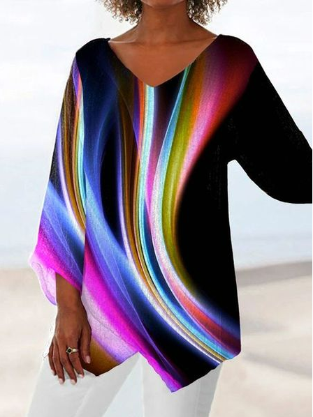 

Casual V Neck Loose Ombre Top, Black, Tops