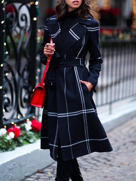 

Elegant Regular Fit Plaid Lapel Collar Overcoat, Black, Coats