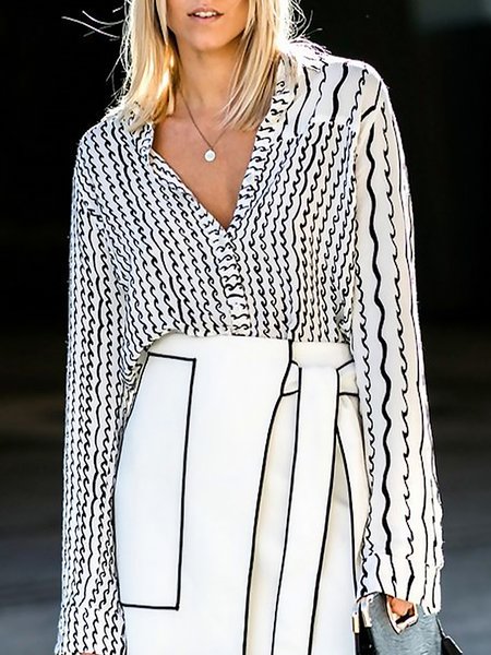 

Striped Shirt Collar Simple Loose Blouse, Black-white, Blouses and Shirts
