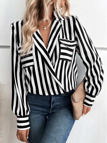 

Casual Lapel Collar Loose Striped Blouse, Black-white, Clothing