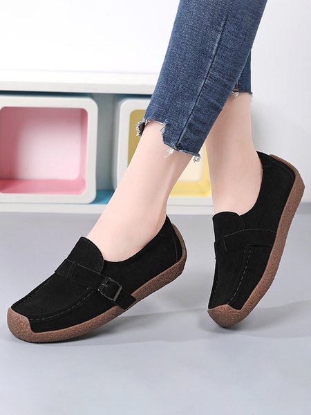 

Plus Size Buckle Decor Casual Flat Loafers Shoes, Black, Flats